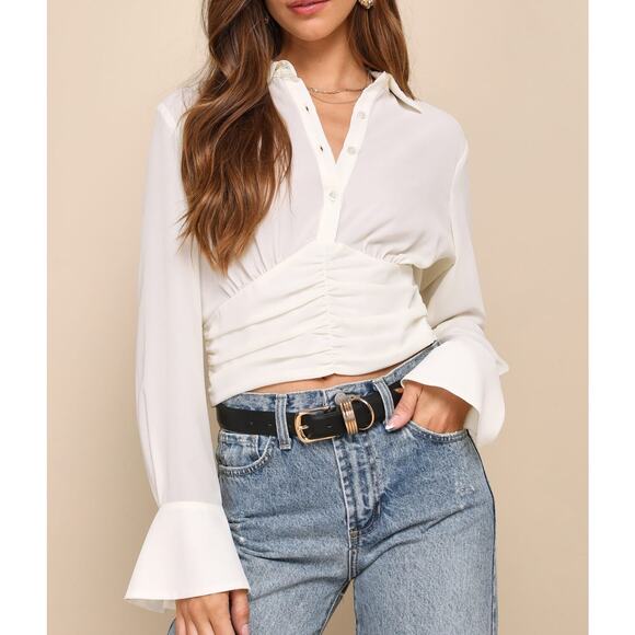 Lulus Women Poised Flair Ivory Ruched Button-up Long Sleeve Top Size XL - Picture 1 of 14